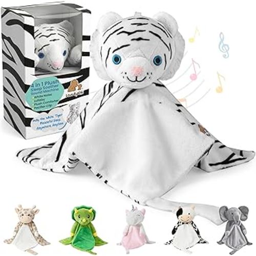 Love By Emi 4 in 1 Baby Lullaby Sleep Soother Toy - Stuffed Animal Sound Machine & Pacifier Holder | Heartbeat White Noise & Music | Plush White Tiger Lovey Sleep Aid Security Blanket (0-3 Years)