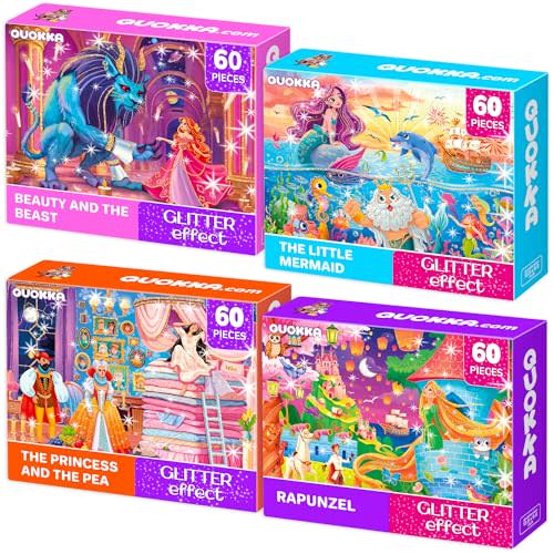 QUOKKA Puzzles for Kids Ages 4-6  4-Pack 60-Piece Puzzles for Kids  Fairy Tale Jigsaw Puzzle Set with Princess  Quiet Time Toys for Preschoolers  FSC Certified Learning Toy  Gift for 5 Year Olds