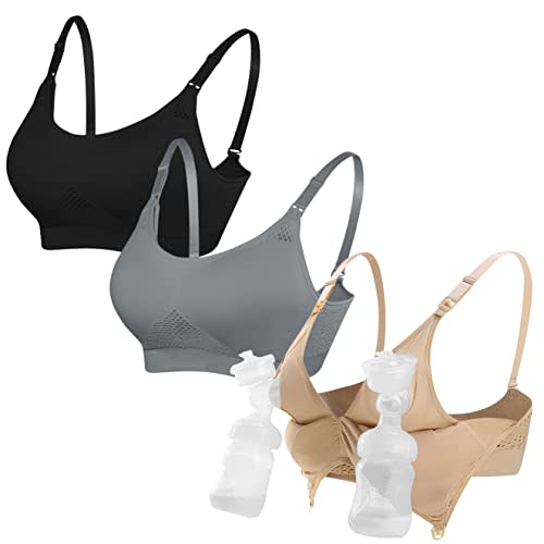 4HOW Nursing and Pumping Bra All in One Breast Pump Bra for Breastfeeding Pregnancy Black Nude Grey XX-Large