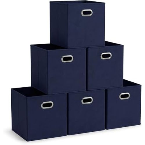 Household Essentials Fabric Storage Bins 6 Piece Set, Strong Poly-Woven Fabric, Sturdy Chipboard Sides, Grommet Front Handle, Stackable and Foldable, Classic Design, Navy