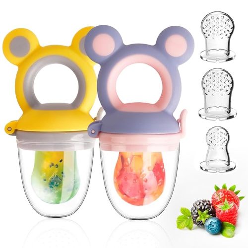 Baby Solids/Frozen Fruit Feeder Pacifier, Infant Teether Toy 4M+, BPA-Free Silicone Pouch & Nipple, Safely Introduce Solids, Teething Relief, 2-Pack
