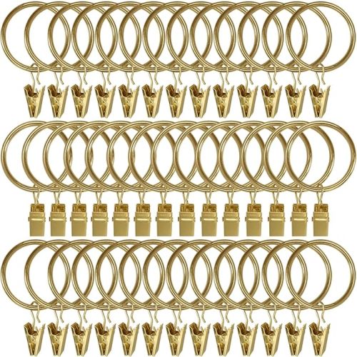 40 Pack Metal Curtain Rings with Clips, Curtain Clip Rings Hooks for Hanging Drapery Drapes Bows, Curtain Rod Rings 1.5 inch Interior Diameter, Gold