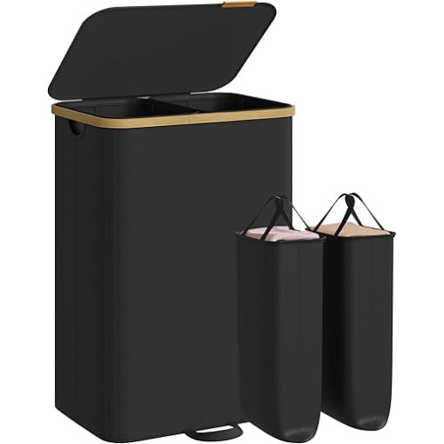 SONGMICS Laundry Hamper, Laundry Sorter with Lid, Storage Basket Bin, Removable Liners, Bamboo Frame, for Bedroom, 2 Sections, 39.6 Gal. (150 L), Ink Black ULCB532BH01