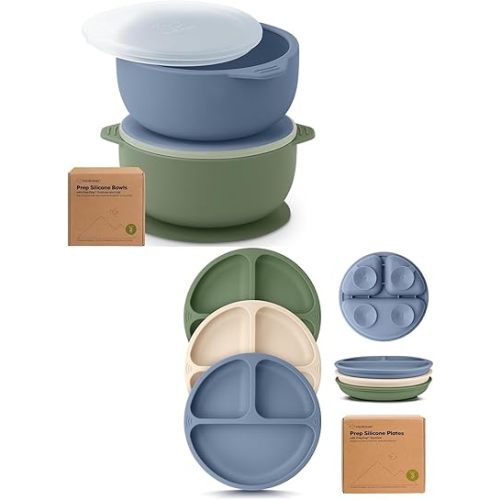 Keababies 2-Pack Baby Bowls with Suctions, Lids and Suction Plates for Baby, Toddler - Silicone Bowls BPA-Free