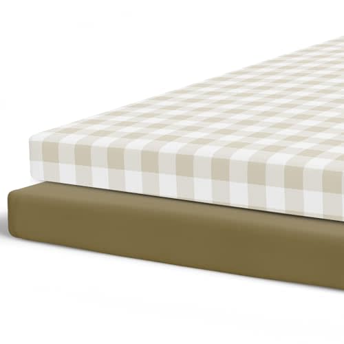 Pobibaby – 2 Pack Pack N Play Sheets and Mini Crib Sheets, Premium Fitted Pack N Play Sheets for Standard Playards and Mini Cribs – Ultra-Soft Jersey Knit, Safe and Snug for Baby (Gingham Khaki)