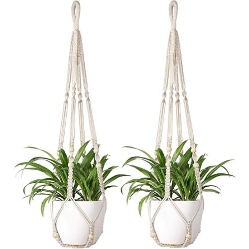 Mkono Macrame Plant Hanger Indoor 35 Inch Hanging Planter Basket Ivory 2Pcs