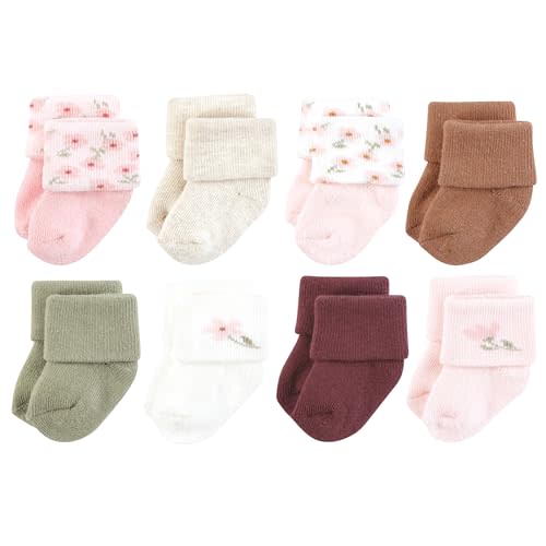 Hudson Baby Infant Girl Cotton Rich Newborn and Terry Socks, Pink Dainty Floral, 0-6 Months