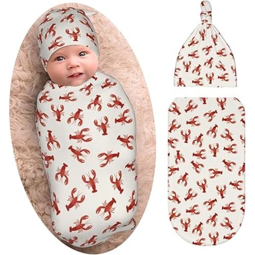 Red Lobsters Crawfish Baby Stuff Swaddle Blanket with Beanie Set, Soft and Stretchy Newborn Blanket Swaddle Sack for Boy and Girl
