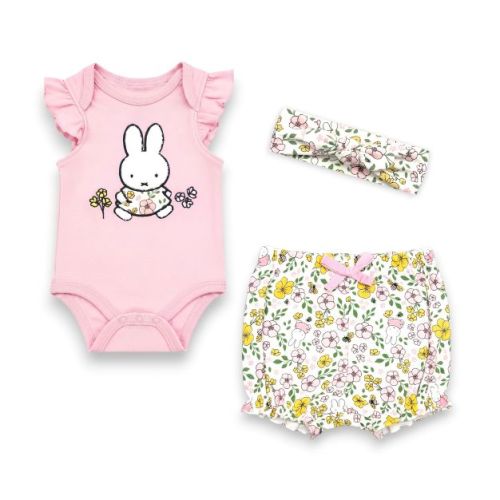 Miffy Baby Girls' 3-Piece Outfit Bodysuit, Bloomer Shorts & Headband Set, Pink/White-Floral, 6 Months