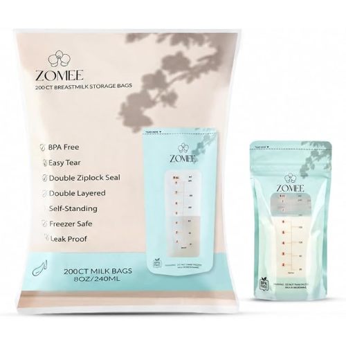 Zomee 8oz Breast Milk Storage Bags 200ct, Leakproof, BPA-Free, Freezer Safe