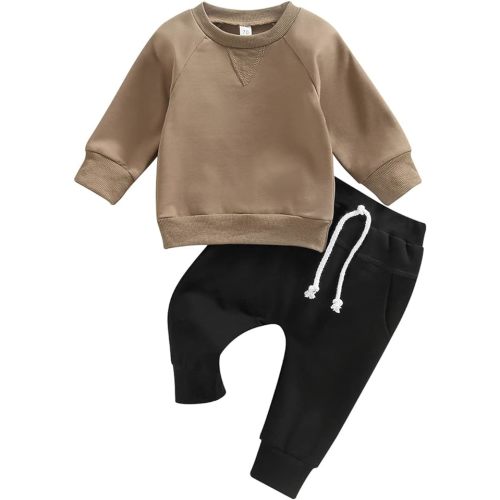 Toddler Baby Boy Clothes Solid Color Long Sleeve Crewneck Sweatshirt Top Casual Pants Set 2Pcs Fall Winter Outfits