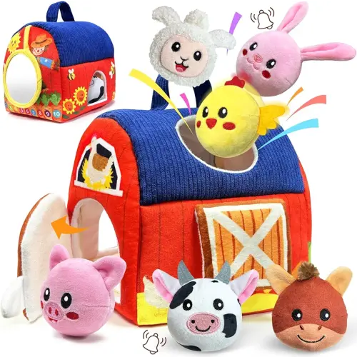 Baby Toys 6-12 Months - Infant Barn Toy with Stuffed Farm Animals, Rattle, Crinkle, Squeak, Mirror - Montessori Sensory Toys for 6 7 8 9 10 12 Month Old Babies, 1 Year Old Baby Boy Girl Gifts