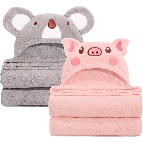 Extra Large Toddler Bath Towels, 50" x 32" Large Absorbent Thick Baby Animal Hooded Towel 2 Pack Set for 0-6 Years Bath Essential for Newborn, Infant and Kids, Grey & Pink