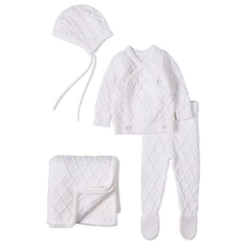 Baby Girls 3 Piece Baby Unisex "Simply Sweet" White 100% Cotton Knit Cardigan Set
