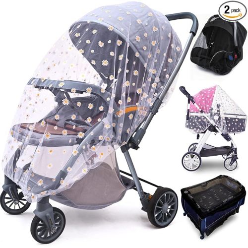 Baby Stroller Mosquito Net (2 Pack) - Durable Mesh Protection for Bassinets, Cradles, Playards, Pack N Plays & Portable Mini Cribs | Breathable Universal Fit Insect Barrier (Black + Daisy)