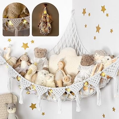 Snow White Macrame DreamLights Boho Stuffed Animal Storage Net (Extra Large) and Hammock for Small Plushies - Pure Cotton