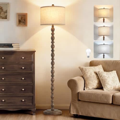 62" Floor Lamp, Adjustable Color Temperature Farmhouse Standing Lamp, Retro Rustic Tall Floor Lamps with Rotary Switch, Resin Standing Lamp for for Living Room,Bedroom,House, Office(Grayish Brown)