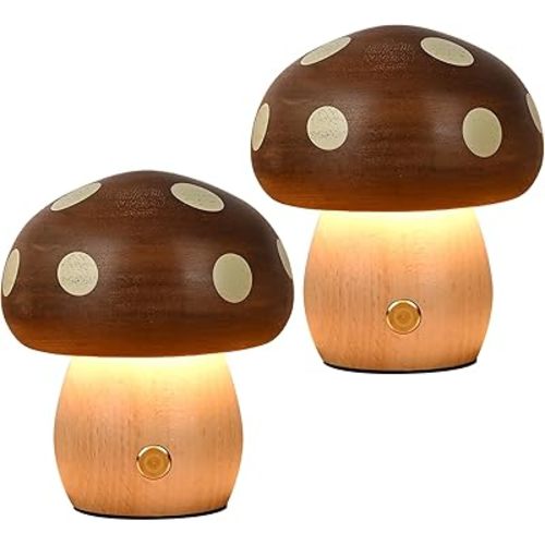2Pack Wood Small Mushroom Table Lamp, LED Rechargeable Cordless Touch Bedside Lamps, Wireless Stepless Dimming Night Light, Portable Battery Lamp for Bedroom Nightstand for Birthday Gifts