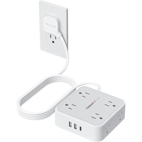 TESSAN 10 Ft Surge Protector Power Strip, 3 USB(1 USB C) 8 Outlets, Flat Plug Extension Cord with Multiple Outlets, 900J Protection, Desk Charging Station for Home, Dorm Room Essentials, Grey