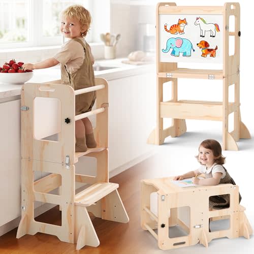 4-in-1 Toddler Kitchen Step Stool, Foldable Learning Standing Tower with Whiteboard, Wooden Kitchen Stool Helper for Kids, 1-3 Year Old Boy Girl Gifts