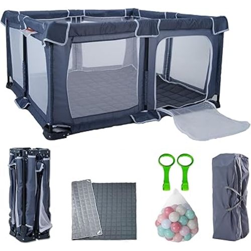 Foldable Baby Playpen 50"X50",Play pen for Babies and Toddlers, Portable Playpen, Kids Collapsible Indoor and Outdoor Fence with Visible Mesh,Safety Area Travel PlayYard with Mat Storage Bags,Handlers