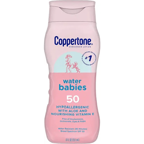 Coppertone WaterBabies Baby Sunscreen Lotion SPF 50, Hypoallergenic Sunscreen for Babies, Water Resistant, Pediatrician Recommended, 8 Fl Oz Bottle