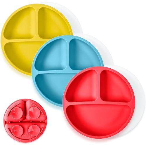 WeeSprout Suction Plates with Lids for Babies & Toddlers - 100% Silicone, Dinnerware Stays Put, Divided Design for Picky Eaters, Microwave & Dishwasher Friendly, 3 Pack