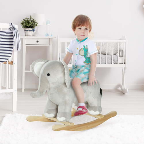 Qaba Rocking Horse, Kids Rocking Animal, Elephant Rocker with Realistic Sounds, Plush Ride on Toy for Years 2-4, Gray