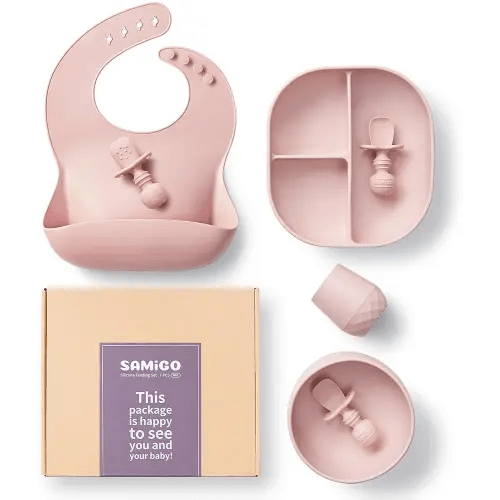 SAMiGO Silicone Baby Feeding Set, Baby Led Weaning Supplies, Suction Bowl Plate Bib Cup Self Feeding Spoons, Solid Food Eating Essentials, First Stage Utensils, 6+ Months