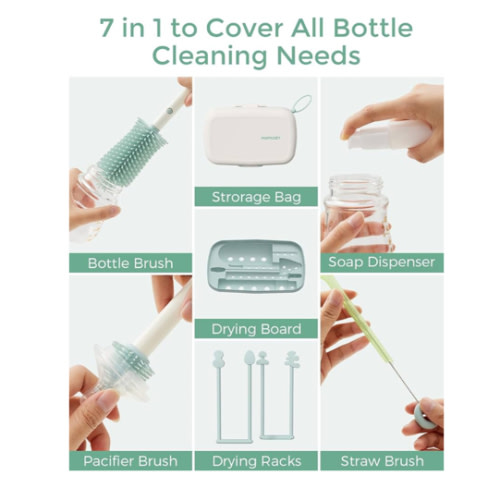 Momcozy Bottle Brush Set - Baby Bottle Cleaner Kit with Silicone Brush, Nipple Brush, Straw Brush, Soap Dispenser, Drying Rack - 7 in 1 Bottle Cleaning Tool for Home and Travel, Green
