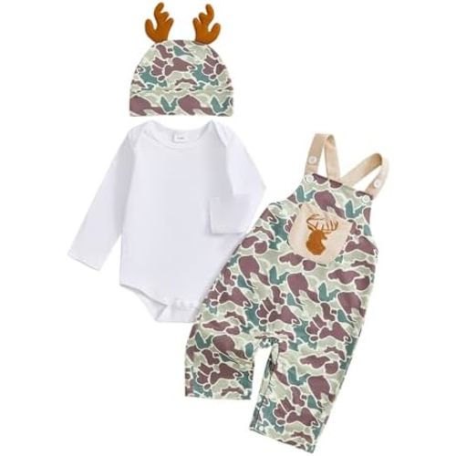 Newborn Baby Boy Fall Clothes Hunting Long Sleeve Romper Deer Embroidery Camo Overalls Pants Hat 3Pcs Outfit Set