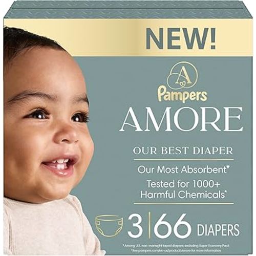 Pampers Amore, Size 3 (13-26 lbs), 66 Count, Our Best Diaper – Hypoallergenic & Fragrance Free, Up to 100% Leakproof, Soft as Cashmere