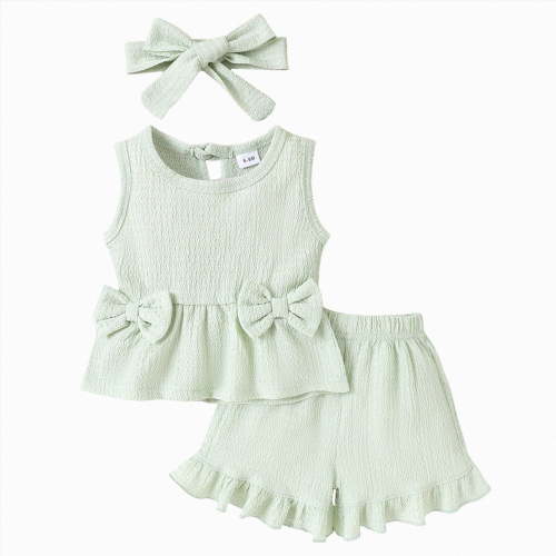 UngA Toddler Baby Girl Clothes Summer Linen Outfit Bows Ruffle Vest Shirts + Ruffled Shorts Headband Set Baby Girls' Clothing (Light Green,6-9 Months)