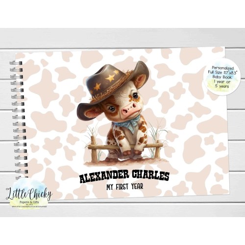 Cowboy Cow Baby Keepsake Journal, Personalized Cowboy Baby Cow Baby Book, Milestone Stickers, First Five Years, Baby Book, Baby Shower Gift