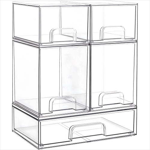5-Pack Clear Stackable Storage Containers, Plastic DIY Drawer Organizer Bins for Cabinet, Fridge, Vanity, 2S 2M 1L, 15.4" H
