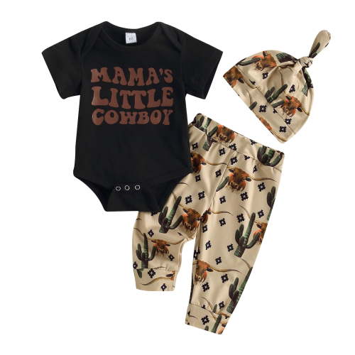 Infant Baby Boy Clothes 3M 6M 12M 18M Funny Letter Cow Print Bodysuits with Long Pants Leggings Hat 3pcs Newborn Cowboy Outfit