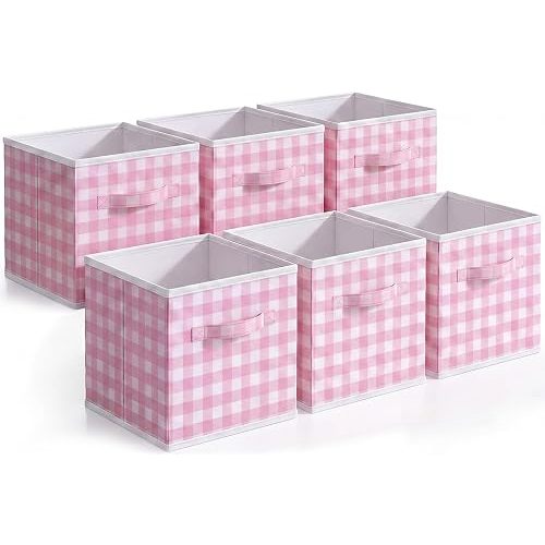 Yalikop 6 Pcs Pink Checkered Cube Storage Bins, 11 Inch Fabric Gingham Classroom Storage Bins Organizer with Handle Preppy Collapsible Cubby Basket for Classroom Home Nursery Playroom Bedroom
