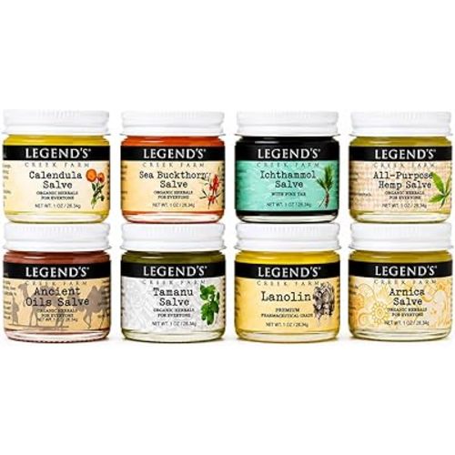 Legend's Creek Farm Herbal Salve Bundle 8 Pack - Pack of 1 oz. Healing Ointment with Ichthammol, Calendula, All-Purpose Hemp, Sea Buckthorn, Tamanu & Hemp, Arnica, Ancient Oil, Lanolin (8 Jars)