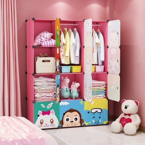 MAGINELS Children Wardrobe Kid Dresser Cute Baby Portable Closet Bedroom Armoire Clothes Hanging Storage Rack Cube Organizer,(Pink, 8 Cube & 2 Rod) | Bigbigmart.com