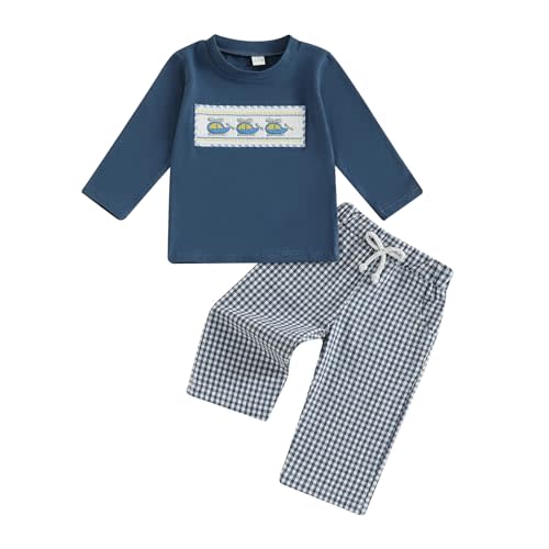 xkwyshop Toddler Baby Boy Fall Outfit Airplane/Boat Smocked Long Sleeve T-Shirt Tops Plaid Pants Set Pilot Planet Clothes