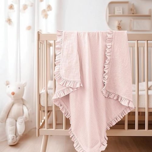 Konssy Flounce Muslin Baby Blanket for Girls Boys, 100% Cotton Soft Crib Swaddle Blankets, Reversible & Breathable Nursery Bedding for Newborns Toddlers, 40 x 36 Inches (Baby Pink)