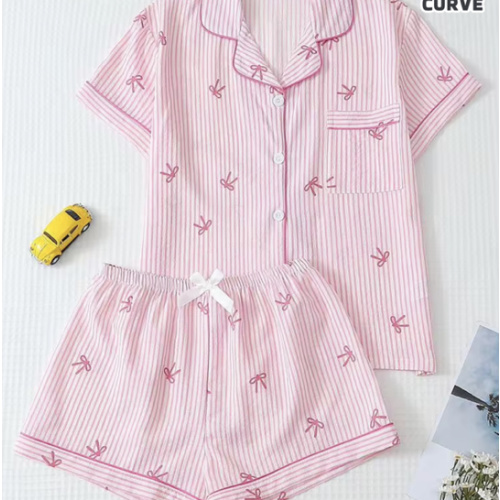 2pcs/Set Women Plus Size Comfortable Cute Sweet Striped Bow Print Short Sleeve Lapel Top And Bow Shorts Pajama Set, Spring/Summer