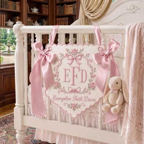 Personalized Crib Rail Banner, Custom Embroidered Baby Name Banner, Floral Monogram Nursery Decor, Newborn Baby Shower Keepsake Gift