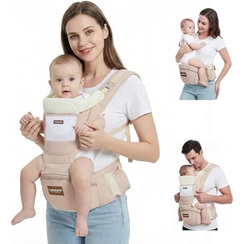 Baby Carrier with Hip Seat, 6-in-1 Baby Carrier Newborn to Toddler, Adjustable Detachable Infant Toddler Carrier, Hands-Free Baby Holder, All Seasons, Perfect for Shopping Travelling (Khaki)