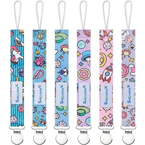 Smlpuame Pacifier Clip Girl,6 Pack Stylish Binky Clips Strap for Baby Girls,Paci Holder with Metal Clip Lightweight Universal Fits Most Pacifiers Teether Toy Soothie,Baby Gift(Travel in Space)