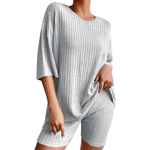 2 Sets Ribbed Knit Pajamas Matching Outfits T Shirt Biker Shorts Sleepwear Sweatsuits
