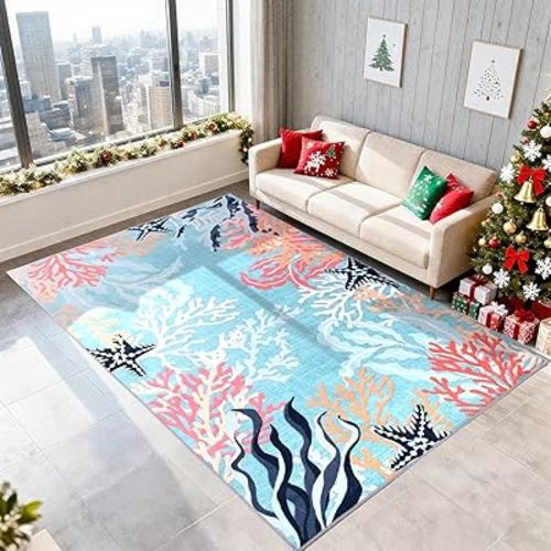 Ocean Coral Reef Themed Rug, Modern Soft Faux Wool Non-Slip & Easy to Clean Carpet, Decorative Rug for Living Room, Bedroom, Hallway, Porch, Patio, Home Decoration (Blue,6X9)