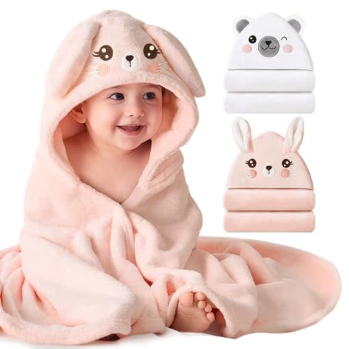 Konssy 2-Pack Hooded Baby Towels, Plush Fleece Animal Bath Towel with Hood | 32 x 32 In, Soft & Absorbent Plush Fleece, Bath Set for Newborns, Toddlers, Infants, Boys and Girls (Pink Rabbit,bear)