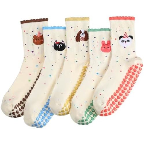 Halfchet 5 Pairs Women Pilates Grippy Socks Cute Non-slip Yoga Crew Socks Ruffle Grip Sock for Barre Fitness Hospital Workout