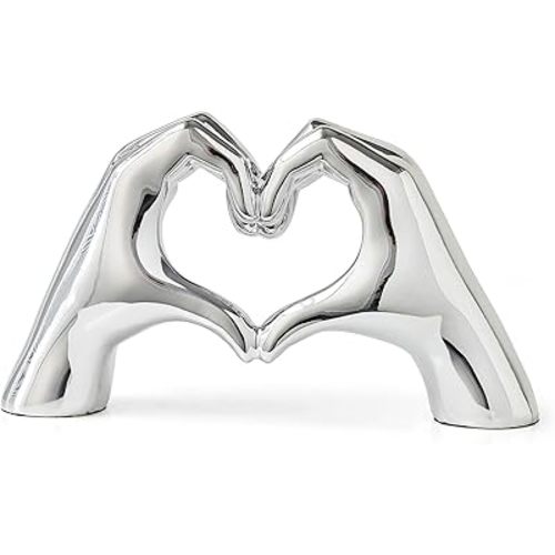 FJS Home Decor Silver Love Heart Hands Statue Modern Art Sculpture Home Decorations for Living Room Bedroom Shelf Coffee Table Centerpiece, Gift for Women Wedding 5.5" W x 9.8" H